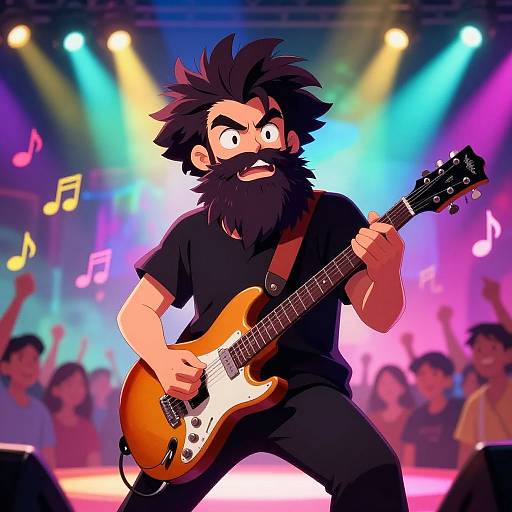 Bearded cartoon musician with spiky hair, playing a sunburst electric guitar on stage, surrounded by colorful lights and cheering crowd.