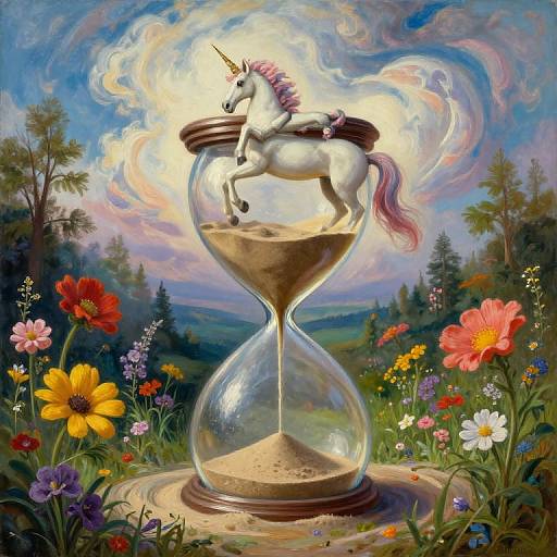 Digital painting of a white unicorn with a pink mane and tail, rearing inside a glass hourglass, surrounded by vibrant flowers and a colorful, swirling