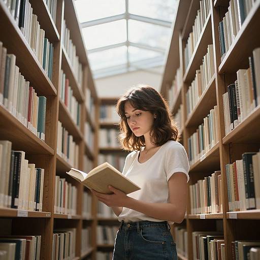 Photograph of a young woman with wavy brown hair, wearing a white t-shirt and blue jeans, reading a book in a sunlit library aisle