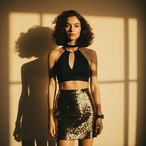Fashionable woman in sequined skirt and black halter top