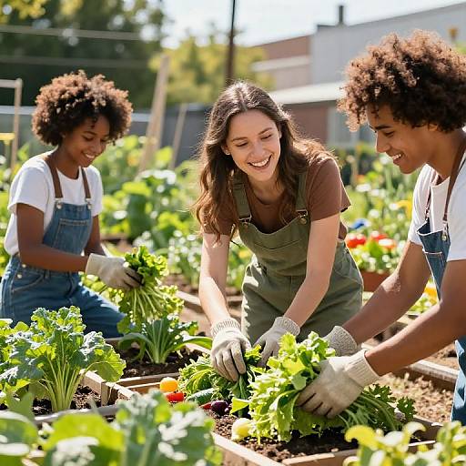 Photograph of three diverse young adults, two Black and one White, smiling and planting vegetables in a sunny community garden.