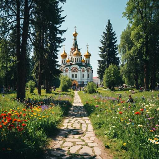 Path to Russian Orthodox Cathedral in Flower Meadow