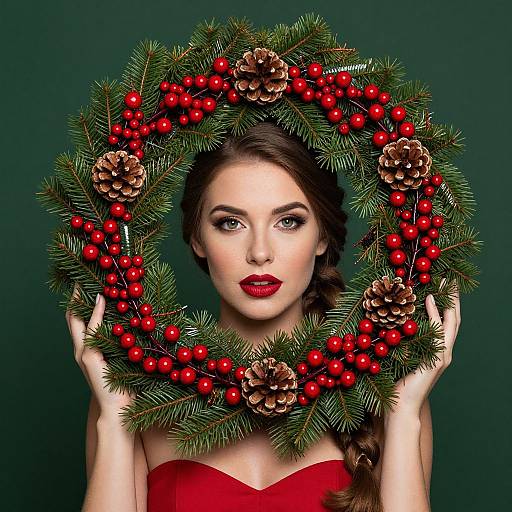 Photograph of a woman with red lipstick, holding a festive Christmas wreath adorned with pine cones and red berries, wearing a red strapless top,