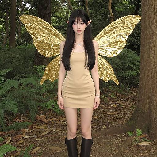 Photograph of an East Asian woman with long black hair, elf ears, golden fairy wings, pale skin, beige dress, black boots, standing in