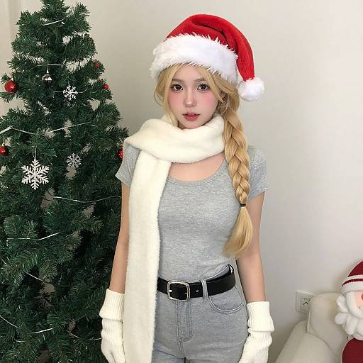 Photograph of a blonde woman in a gray shirt, white scarf, Santa hat, and gloves, standing next to a decorated Christmas tree.