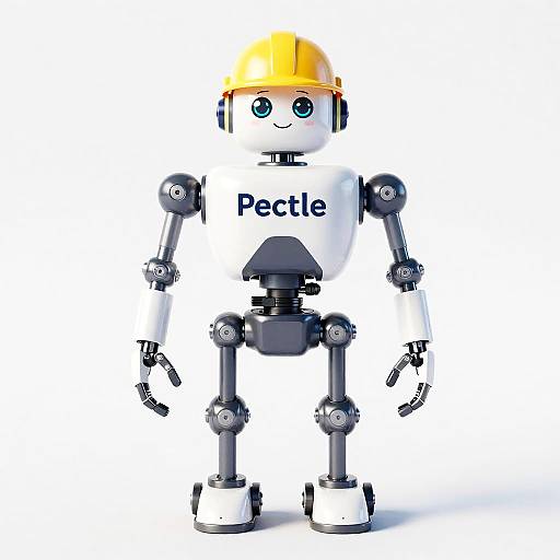 Photograph of a cartoon robot with white body, yellow hard hat, blue eyes, smiling face, 