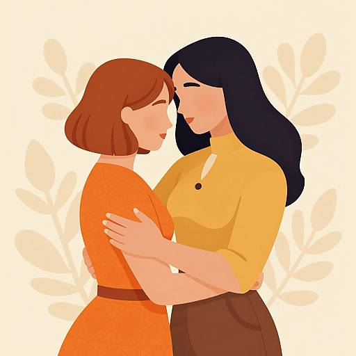 Digital illustration of two women, one with short brown hair in an orange dress, the other with long black hair in a yellow blouse, embracing intimately against