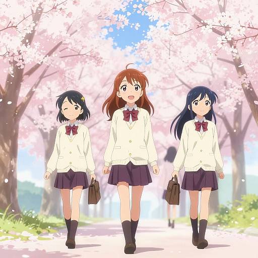 Anime-style drawing of three schoolgirls in white blouses and purple skirts, walking under cherry blossom trees with sunlight filtering through.