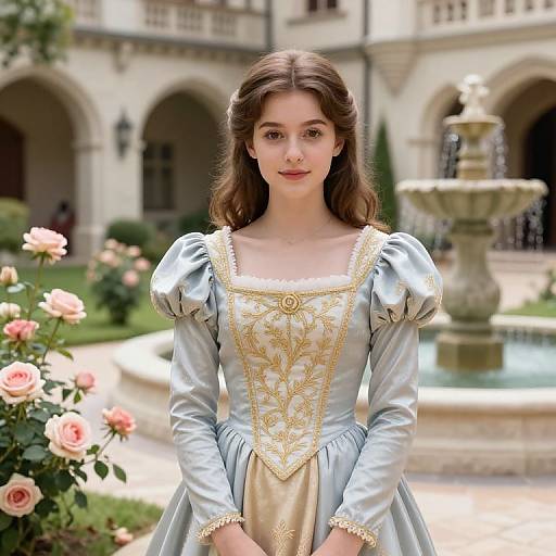 Photograph of a young woman with fair skin and brown hair, wearing an ornate, pale blue Renaissance-style dress with gold embroidery, standing in front