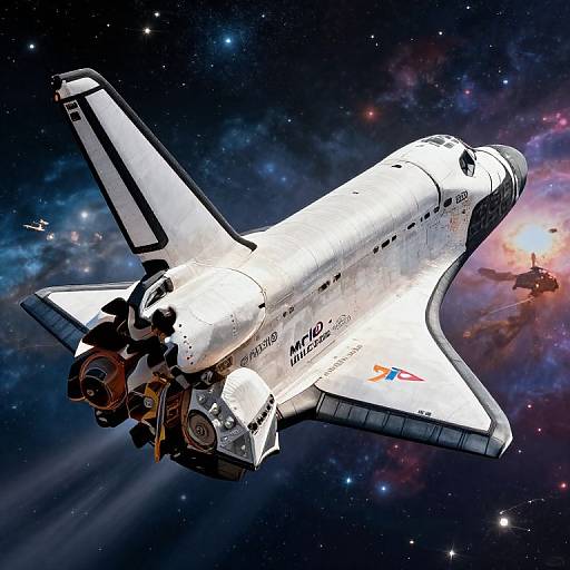Photograph of a white space shuttle with black wings and NASA markings, soaring through a vibrant, star-filled galaxy with colorful nebulae.