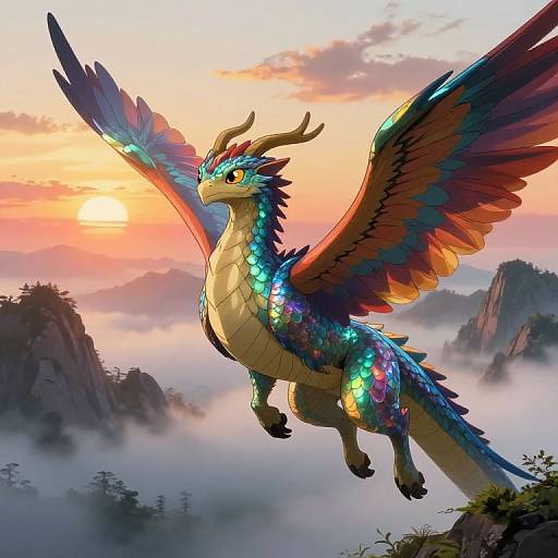 Digital art of a vibrant, multicolored dragon with large wings soaring above a misty mountain landscape at sunrise. The dragon's scales shimmer in blue