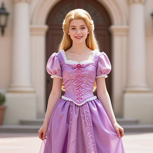 Photorealistic digital image of a smiling young woman with long blonde hair, wearing a lavender, puffed-sleeve, corset-style dress with