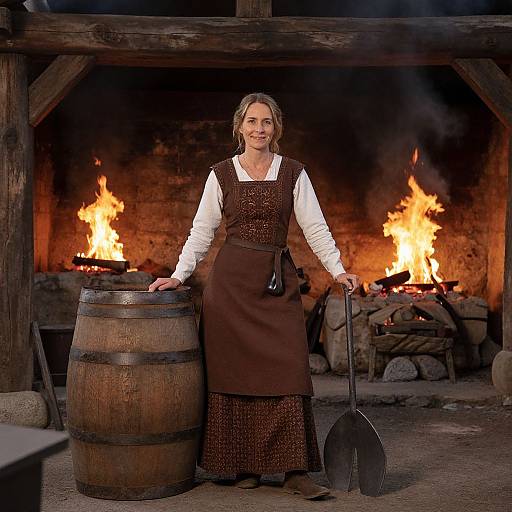 Photograph of a smiling woman in a brown apron and white blouse, standing in a wooden, firelit cabin, holding a wooden barrel and shovel