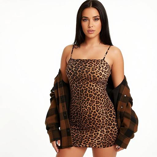 Photograph of a woman with long black hair, wearing a leopard-print spaghetti strap mini dress, and a brown plaid jacket off her shoulders, standing