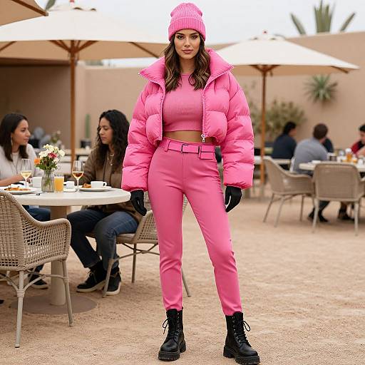 Photograph of a confident woman in a pink puffer jacket, matching pants, beanie, and black boots, standing outdoors at a patio restaurant with