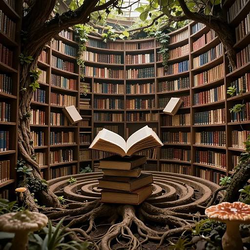 Photograph of a mystical library scene with an open book on a stack of books, surrounded by floating pages, nestled in a circular wooden bookshelf with