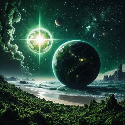 Green Star and Water Planet in Space