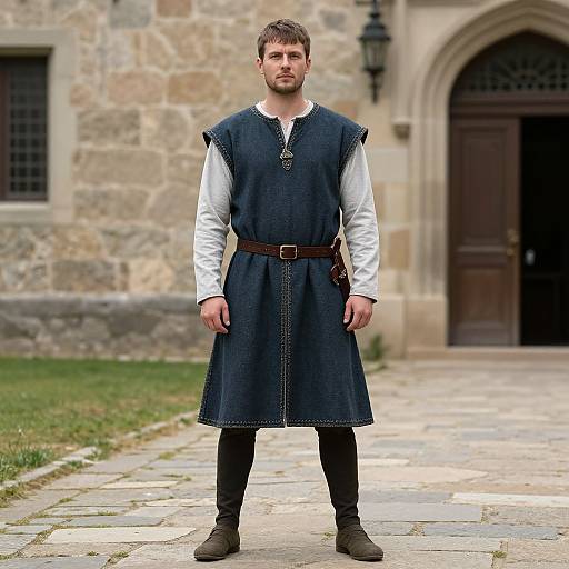 Photograph of a bearded man in medieval attire: white shirt, blue sleeveless tunic, brown belt, black pants, brown boots, standing
