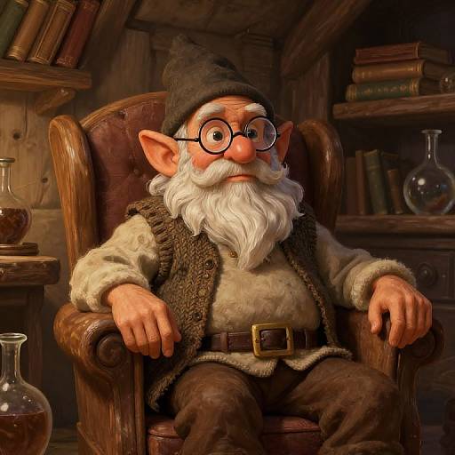 Digitally illustrated old wizard with large round glasses, white beard, brown hat, fur vest, and wooden chair in a cluttered, dimly-l