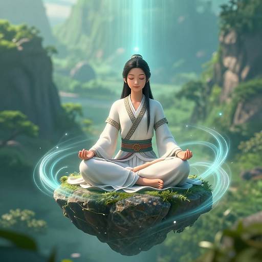 Digital artwork of an Asian woman with long black hair, meditating in a white kimono on a floating rock, surrounded by glowing blue energy and a