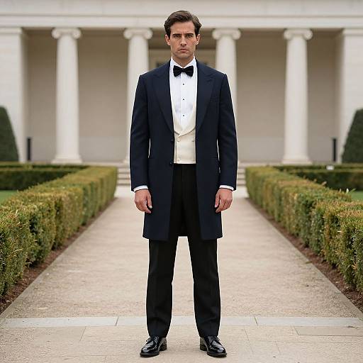 Photograph of a serious, dark-haired man in a black tuxedo with white shirt and black bow tie, standing on a symmetrical, manic