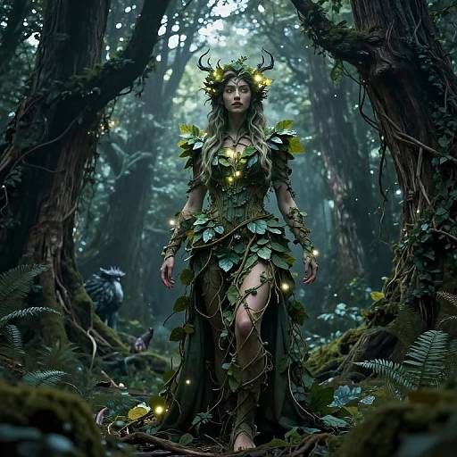 Digital fantasy artwork of a forest nymph with glowing lights, leafy dress, antlers, and green hair, standing in a dark, lush forest.