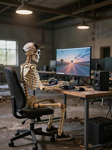 Candid Skeleton Gamer in Warehouse