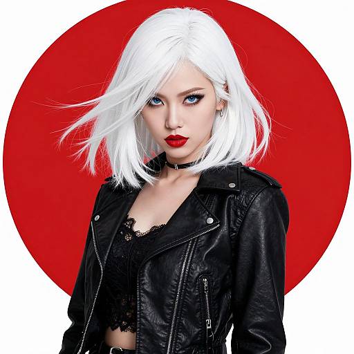 Photograph of a pale-skinned, white-haired woman with red lipstick, black leather jacket, and lace top, against a bold red circle background.