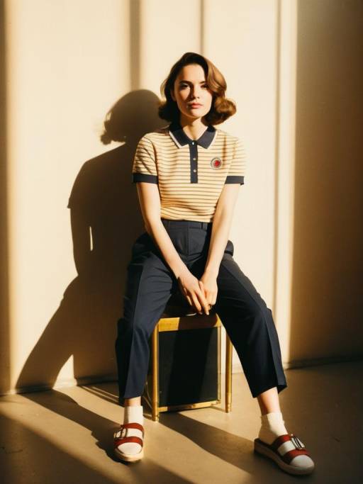 Woman in Casual Preppy Outfit Sitting on Stool