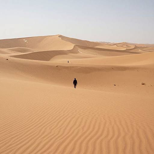 Photograph of a lone person standing in vast, rippled, golden desert sand dunes under a clear, bright sky. Silhouetted figure