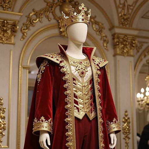 Photograph of a white mannequin wearing an elaborate, gold-embroidered red velvet royal robe and crown, set against an ornate,