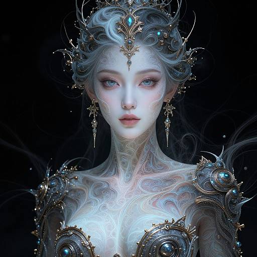 Digital artwork of a ethereal, pale-skinned, blue-eyed woman with intricate, glowing silver hair and ornate golden jewelry, set against a dark