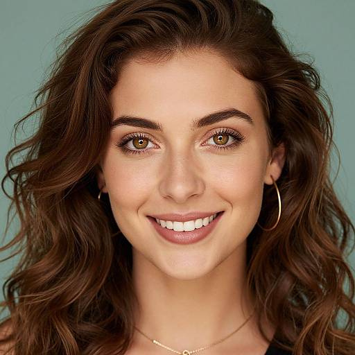 Photograph of a smiling young woman with brown wavy hair, green eyes, hoop earrings, light skin, and minimal makeup, against a plain teal