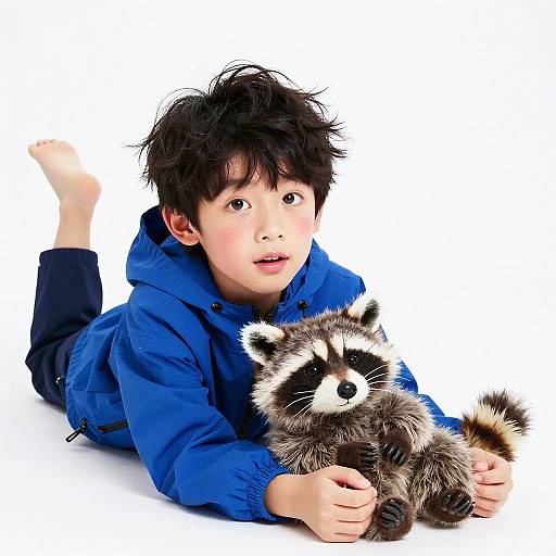 Boy Lying with Plush Raccoon Toy