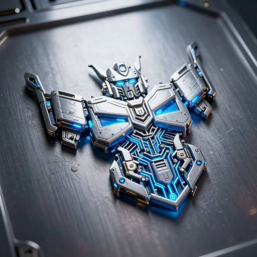 Photograph of a futuristic, metallic, blue-lit, star-shaped robot model with intricate circuit patterns, resting on a glossy black surface.
