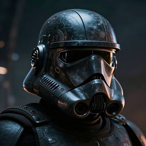 Photorealistic CGI of a weathered, metallic Stormtrooper helmet with intricate patterns, dark visor, and dual exhaust ports, set against a