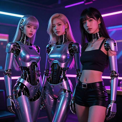 Photorealistic CGI of three women: two robotic, metallic, platinum blonde and blonde, one human, black-haired, in black crop top and shorts