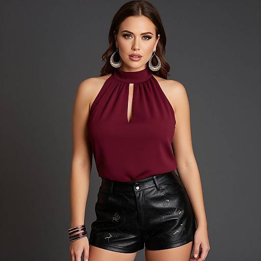 Photograph of a confident woman with fair skin, dark brown hair, wearing a maroon halter top and black leather shorts, large hoop earrings,