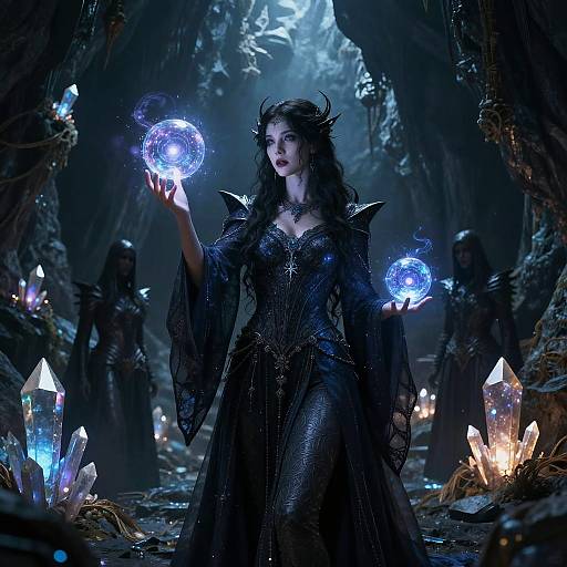 Digital fantasy artwork of a dark-haired, fair-skinned sorceress in a black, ornate dress, holding glowing blue orbs in a dimly