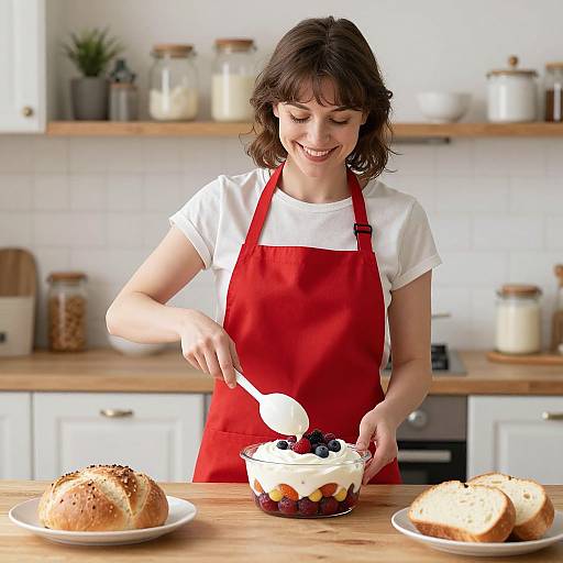 Photograph of a smiling brunette woman in a red apron, topping a cake with whipped cream and berries in a bright, modern kitchen.