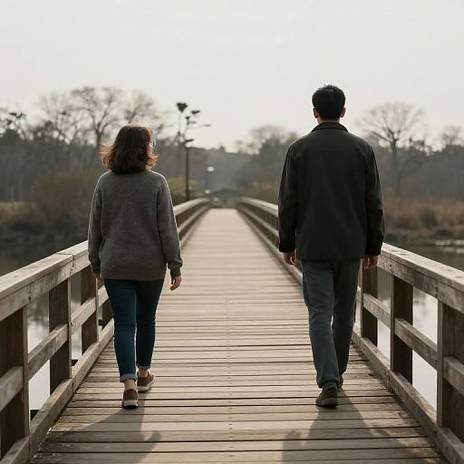 Photograph of a couple walking on a wooden bridge, backlit by sunlight, dressed in casual clothes, silhouetted against a foggy,