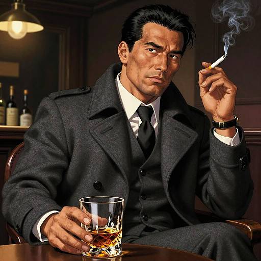 Photorealistic digital art of a handsome, serious-looking man in a dark suit, holding a cigarette and a glass of whiskey, sitting in a dim