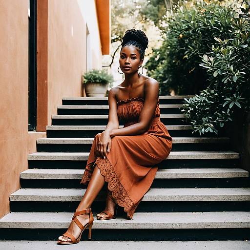Elegant Woman Sitting on Outdoor Staircase