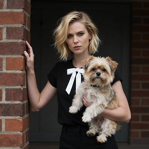 Blonde Woman with Dog by Brick Wall