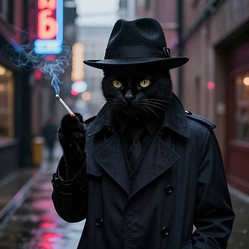 Photograph of a black cat in a black trench coat and fedora, smoking a cigarette on a wet, neon-lit city street.
