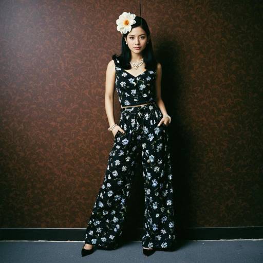 Woman in Black Floral Outfit with Hair Flower