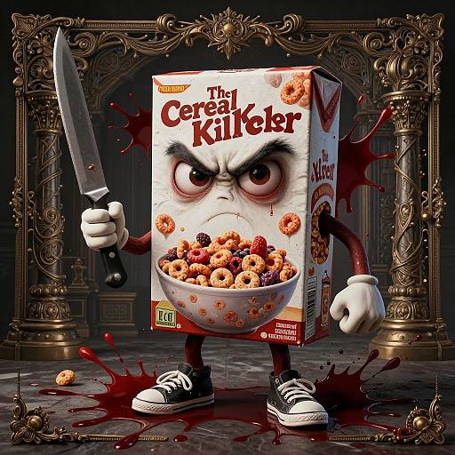 CGI cartoon of a cereal box with angry face, holding knife, wearing sneakers, standing on blood-splattered floor, framed by ornate gold