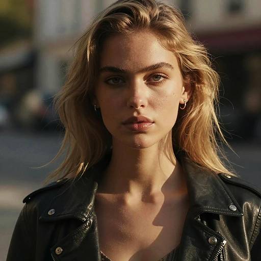 Photograph of a blonde woman with wavy hair, wearing a black leather jacket, standing in a sunlit urban street, looking directly at the camera