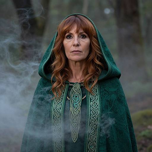 Photograph of a middle-aged woman with red hair, wearing a green, intricately embroidered hooded cloak, standing in a misty forest.