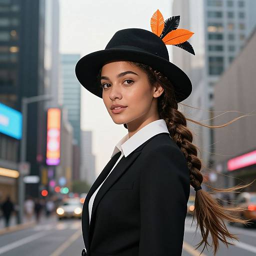Photograph of a young woman with light brown skin, dark eyes, and long braided brown hair, wearing a black hat with orange feathers, black